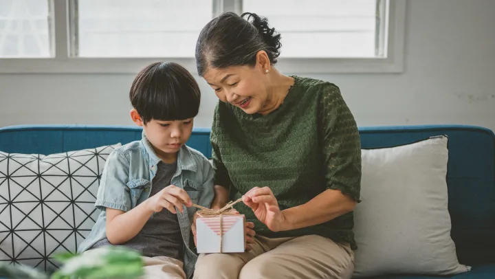 grandma and grandson opening gift together